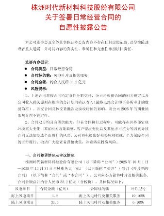 时代新材斩获33.2亿元风电叶片订单！